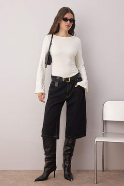 Ekru Fitted/Vucuda Oturan Kay?k Yaka Yumusak kumasl? Uzun Kollu Esnek Orme Bluz TWOAW26BZ00129