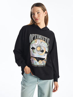 Bask?l? Uzun Kollu Oversize Kad?n Kal?n Hoodie