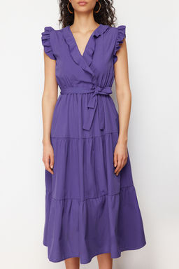 Mor Kusakl? A Kesim Kruvaze Yaka Midi Dokuma Elbise TWOSS24EL00914