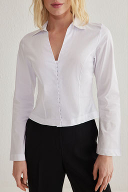 TRENDYOLMILLA Beyaz Kanca Detayl? Regular Normal Beden Dokuma Gomlek TWOSS25GO00046  фото 4