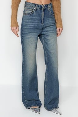 TRENDYOLMILLA Mavi More Sustainable Soluk Efekt Vintage Fermuar Detayl? Yuksek Bel Wide Leg Jeans TWOAW24JE00315