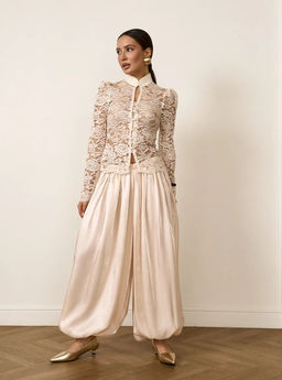 K13518 Брюки палаццо на кулисках и резинке (атлас) БЕЖЕВЫЙ