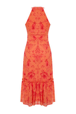 TRENDYOLMILLA Lacivert Cicek Desenli A Kesim Halter Yaka Astarl? Midi Dokuma Elbise TWOSS19LJ0200  фото 8