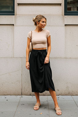 TRENDYOLMILLA Siyah Belden Lastik Detayl? Crinckle Kumas Midi Boy Dokuma Etek TWOSS25ET00014