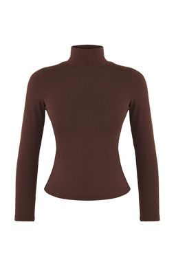 Kahverengi Premium Yumusak Kumasl? Bal?kc? Yaka Fitted/Vucuda Oturan Esnek Orme Bluz TWOAW24BZ00119