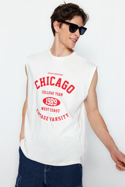 TRENDYOL MAN Ekru Relaxed/Rahat Kesim Sehir Bask?l? %100 Pamuklu Kolsuz T-Shirt/Atlet TMNSS23AL00008 - Trendyolmilla фото 2