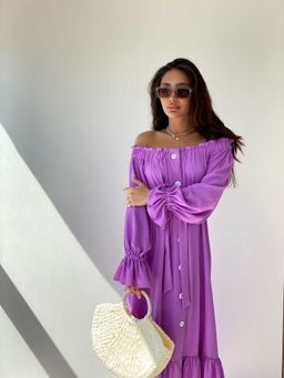 Длинное платье с открытыми плечами сиреневое - Martichelli фото 6