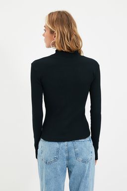 Siyah Fitted/Vucuda Oturan Dik Yaka Uzun Kol Fitilli Esnek Orme Bluz TWOAW21BZ0423