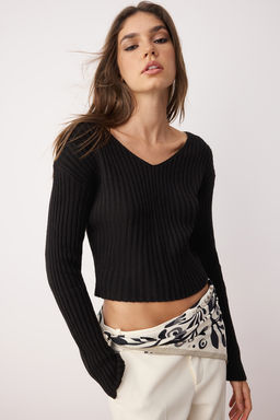 Siyah Crop Basic V Yaka Triko Kazak TWOAW24KZ01214