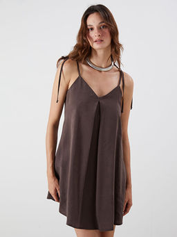 V Yaka Ask?l? Modal Kar???ml? Mini Elbise