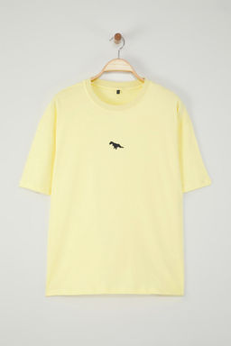 Sar? Oversize/Genis Kesim K?sa Kol Dinozor Nak?sl? %100 Tok Kumas T-shirt TMNSS23TS00243