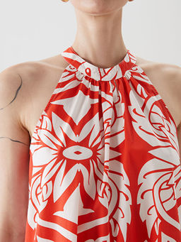 Halter Yaka Desenli Mini Elbise