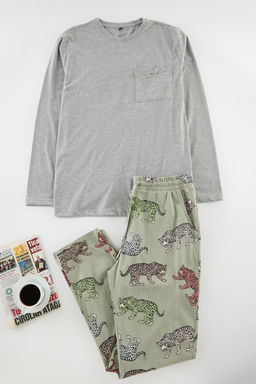 TRENDYOL MAN Gri Regular Fit Kaplan Desenli Couple/Cift Orme Pijama Tak?m? TMNAW25PT00051 - Trendyolmilla фото 7