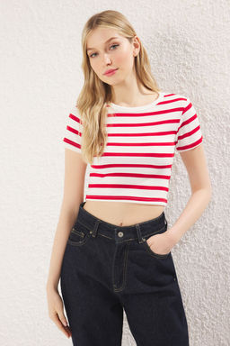 Trendyolmilla Premium Tas Ekru Cizgili Viskoz/Yumusak Kumas Crop Bisiklet Yaka Esnek Orme Bluz TWOSS23BZ00198 фото 53