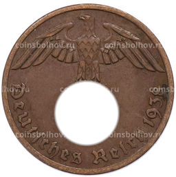 Монета 1 рейхспфенниг 1938 года A Германия