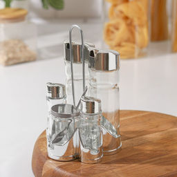 Набор для специй на подставке «Эксклюзив», 5 предметов: солонка, перечница, 2 соусника, сахарница с ложкой, на подставке, стекло