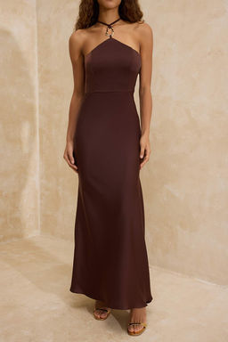 Kahverengi Aksesuar Detayl? Dokuma Saten Maxi Abiye & Mezuniyet Elbisesi TPRSS26AE00013  - Trendyolmilla фото 3