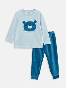 Bisiklet Yaka Uzun Kollu Nak??l? Kadife Erkek Bebek Pijama Tak?m?