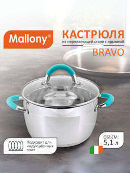 Кастрюля BRAVO 5.1 л из нерж стали, стекл крышка 22*13.5см арт.005431 /MALLONY/