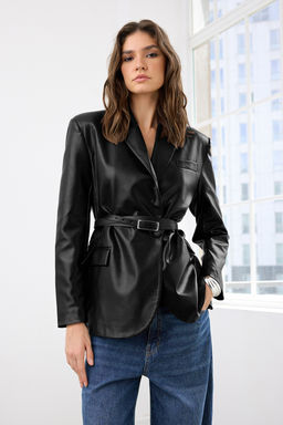 Siyah Kemerli Kruvaze Kapamal? Suni Deri Dokuma Blazer Ceket TWOAW26BC00002