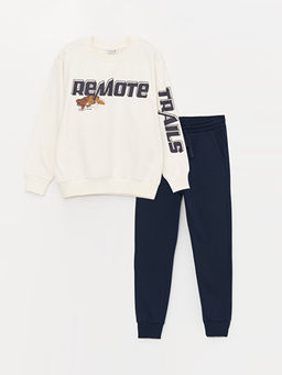 Bisiklet Yaka Bask?l? Uzun Kollu Erkek ?ocuk Sweatshirt ve E?ofman Alt?