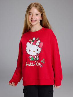 Bisiklet Yaka Hello Kitty Bask?l? Kal?n K?z ?ocuk Sweatshirt