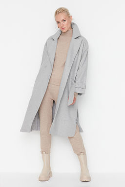 Gri Oversize Genis Kesim Kemerli Uzun Yunlu Kase Kaban TWOAW22KB0015