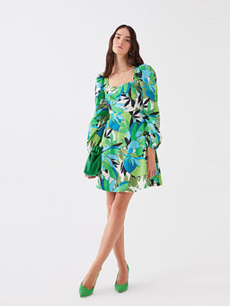 Kare Yaka Desenli Poplin Elbise