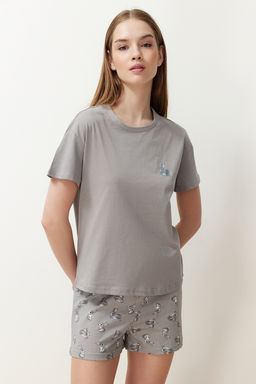 Gri %100 Pamuklu Tavsan Desenli Sortlu Orme Pijama Tak?m? THMSS24PT00199