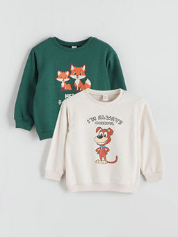 Bisiklet Yaka Bask?l? Erkek ?ocuk Sweatshirt 2li