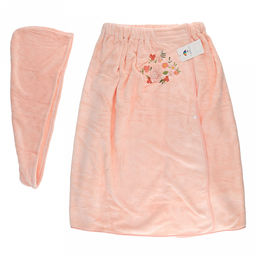 Парео махровое "Свежий букет" 70х175см, хлопок 100%, на резинке с липучкой, на кнопке, с вышивкой; с чалмой на пуговице 68х25см, персиковый (Китай)