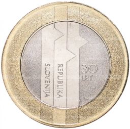 Монета 3 евро 2021 года Словения  30 лет государственности Республики Словения