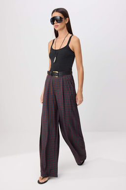 Bordo Ekoseli Genis Paca Kemerli Pantolon TWOSS26PL00200
