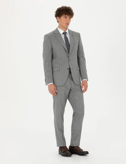 Gri Ex. Slim Fit _izgili Tak_m Elbise