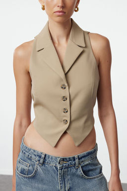 TRENDYOLMILLA Vizon Fitted Dugme Detayl? Crop Dokuma Yelek TWOAW25YE00069  фото 9