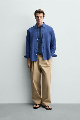 CAMISA REGULAR FIT LINO - ALGOD?N / Azul?n