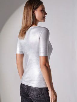 Футболка облегающая из хлопка в рубчик с U вырезом и матовым покрытием металлик - Vilatte фото 3