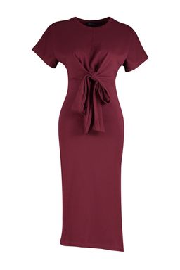 Bordo %100 Pamuk Bele Oturan Y?rtmac ve Baglama Detayl? Midi Orme Kalem Elbise TWOSS21EL0404