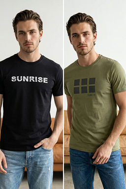 Siyah-Haki 2li Paket Regular/Normal Kal_p Bask_l_ %100 Pamuk T-Shirt TMNSS26TS00043
