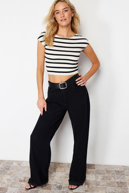Trendyolmilla Siyah Bisiklet Yaka Ay Kol Fitted/Vucuda Oturan Crop Orme Bluz TWOSS24BZ00446  фото 3