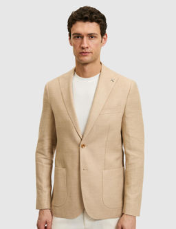 Bej Slim Fit Y_n Keten Kar___ml_ Mikro Desen K_rlang__ Yaka Ceket