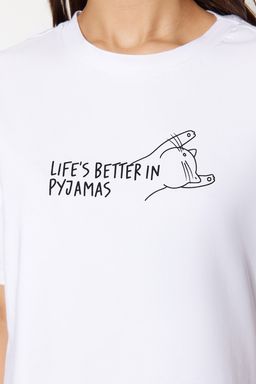 Trendyolmilla Ac?k Mavi Pamuklu Cizgili Slogan Bask?l? Sortlu Orme Pijama Tak?m? THMSS23PT00228  фото 4