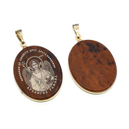 Кулон из обсидиана овал с окантовкой " Св. Рафаил " 20*30мм.