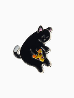 Значок Кот с пиццей, цветной в серебре