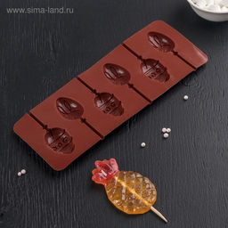 Форма для леденцов Доляна Пасхальный кролик, силикон, 26?10?1 см, 6 ячеек, с палочками, коричневая  фото 3