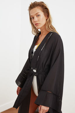 Plaj Giyim Siyah Kusakl? Dokuma Flaml? Pamuk Serit Aksesuarl? Maxi Kimono&Kaftan TBESS21KM0094 - Trendyolmilla фото 5