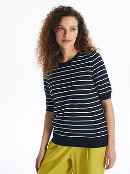 Bisiklet Yaka ?izgili K?sa Kollu Kad?n Triko Kazak