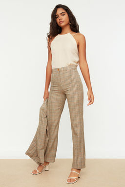 TRENDYOLMILLA Bej Yuksek Bel Straight/Duz Kesim Dokuma Ekoseli Kumas Pantolon TWOSS22PL0117 фото 3