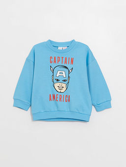 Bisiklet Yaka Uzun Kollu Captain America Bask?l? Erkek Bebek Sweatshirt