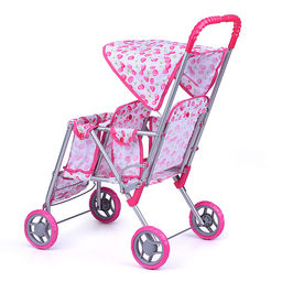 Коляска для кукол (для двойни), металлическая, прогулочная, с тентом, цвет белая с вишенками